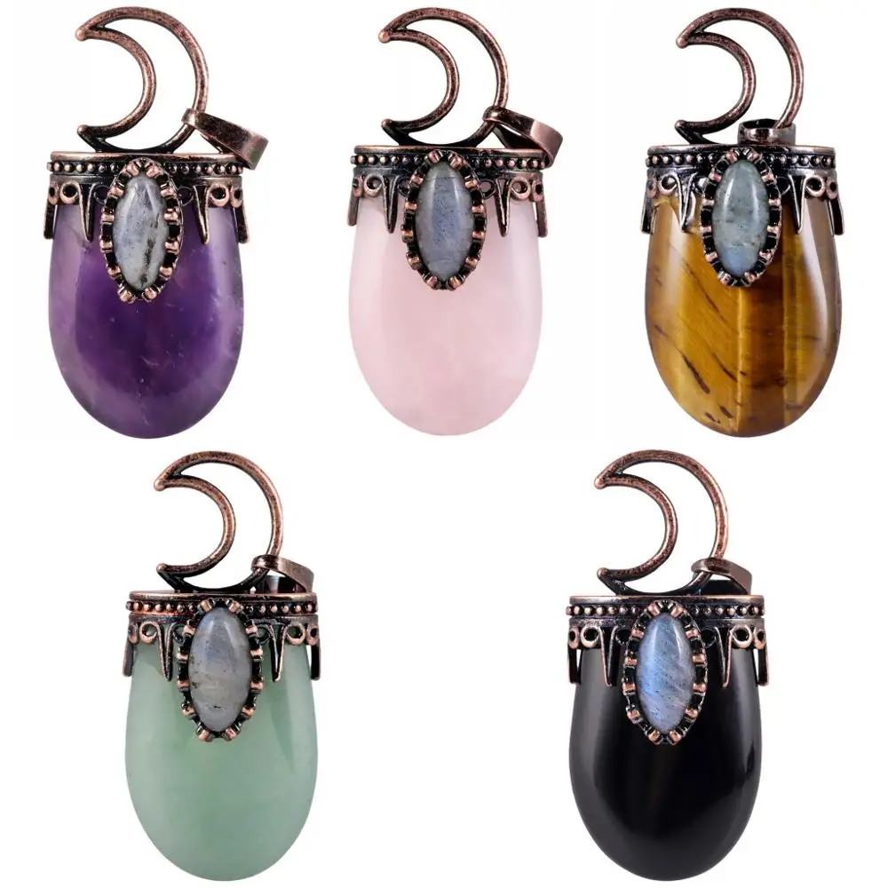SUNYIK Natural Oval Gem Stone Crown Half Moon Antique Copper Color Pendant fit Necklace Healing Crystal Unisex Vintage Jewelry | Украшения