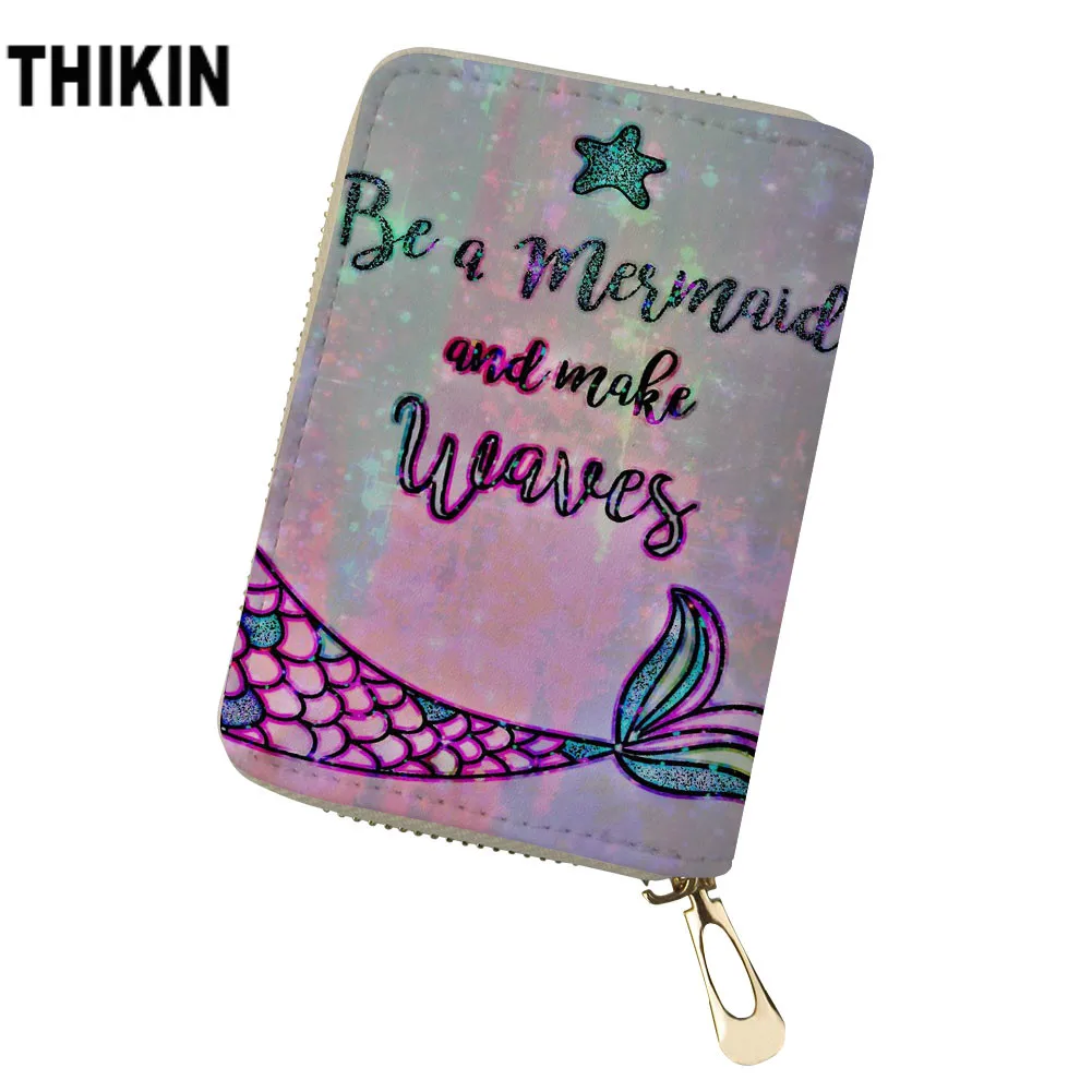 

THIKIN Pretty Cartoon Mermaid Print ID Card Holder Vintage Cards Box Colorful Pattern Purse Girls Wallet Daily Small Coin Custom