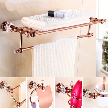 

Rose Gold Bathroom Accessories Set Brass & Crystal Towel Rack Toilet Brush Holder Paper Holder Soap Basket Bath Hardware Set