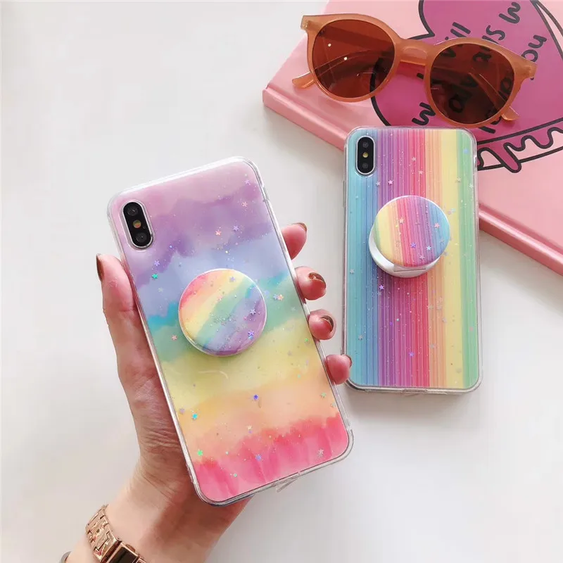 

Glitter Bling Drop Glue Rainbow Color Phone Cases for Iphone 8Plus X Xr Xs Max 6 6S 7 Plus Case with NEW Fold Bracket Cover Capa