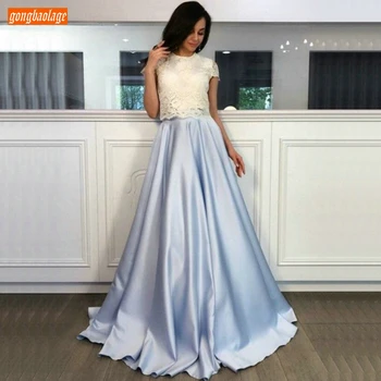 

Sexy Sky Blue Two Piece Evening Dresses 2020 Ivory Lace Top Satin Skirt Long Formal Dress Women Floor Length A line Evening Gown