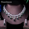 ThreeGraces Luxury Green CZ Stone Earrings Necklace Set Brilliant Big Long Drop Wedding Bridal Dress Jewelry Set for Women JS256 ► Photo 1/6