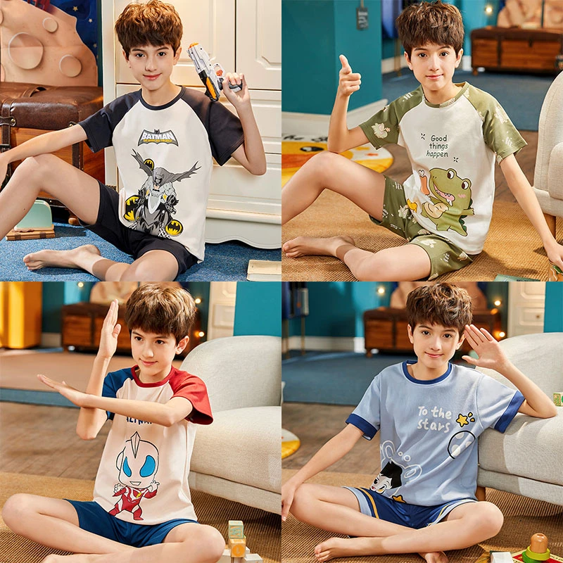 Summer Teenager Boy Pajamas Sets Anime Print Kids T Shirt Shorts Homewear Suits 2-12 Yrs Child Sleepwear Toddler Casual Clothes custom pajama sets	