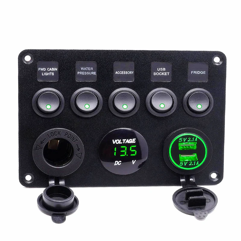 5 Gang Switch Green Цифровой вольтметр с двумя usb-портами, Водонепроницаемый Автомобильный светодиодный переключатель, панель 12 В, комбинированная защита от перегрузки - Color: 5 Gang Switch Green