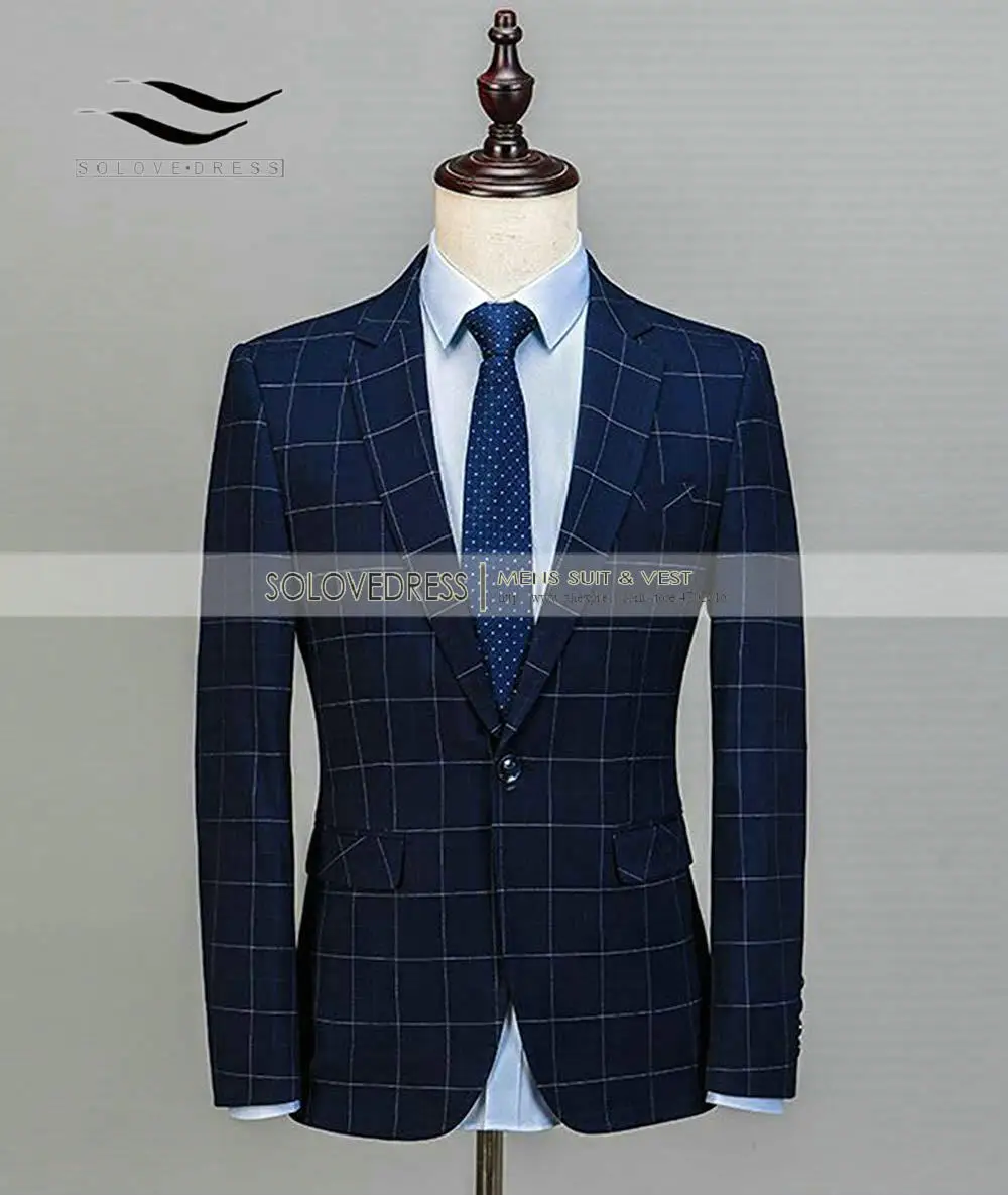 Royal Blue 3 Pieces Mens Suits Plaid Slim Fit Wedding Suits Groom Tweed Wool Tuxedos For Wedding (Jacket+Pants+Vest)