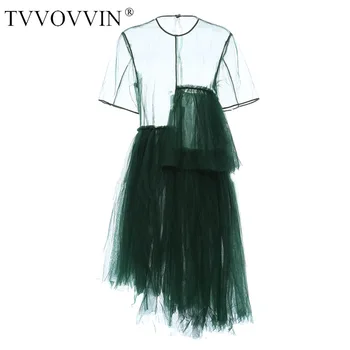 

TVVOVVIN NEW Fashion Womens Mesh Lace Irregular Personality Cutting Layered Mesh Two Fake Dresses Dress T Shirt Girl Female Q014