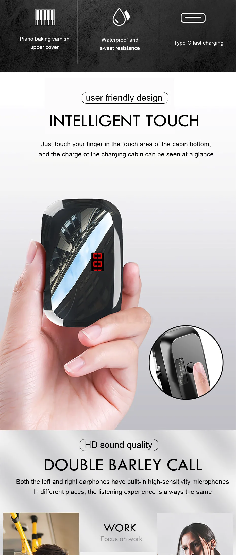 Bluetooth 5.0 Earphones IPX7 Waterproof Wireless Bluetooth Headphones Touch Control Sport Stereo Earbuds Headset With microphone