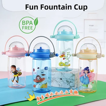 

New Plastic Bottle with Straw Cup Children's Fun Fountain Suction Cup Creative Water Spray Plastic Cup Cartoon Student Cup