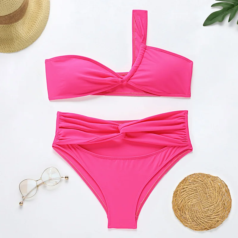 

INGAGA Sexy Bikinis One Shoulder Swimsuits Solid Swimwear Women High Waist Biquini Bathing Suits 2020 Ruched Summer Beachwear