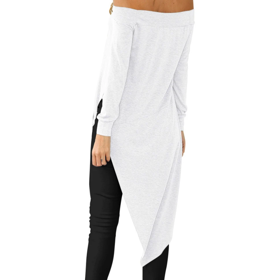 Зимние Для женщин блузки с вырезом лодочкой Asymmetrical Tunic повседневная женская обувь рубашки Blusa пикантные с открытыми плечами осень Топ Плюс Размеры GV1026