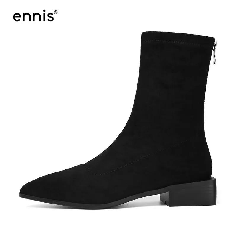 Black ENNIS/брендовые эластичные замшевые сапоги из флока черные женские ботинки на низком квадратном каблуке женские ботильоны с острым носком Осенняя повседневная обувь A9184 - Цвет: Black