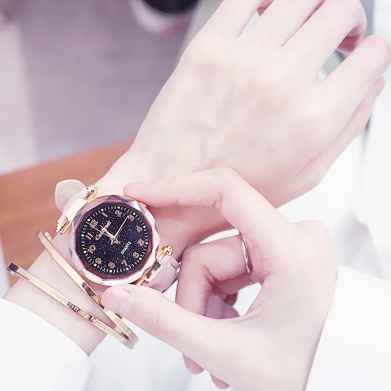 Женские часы-браслет модные повседневные часы Звездное небо под кожаное платье Женские кварцевые наручные часы reloj mujer relogio feminino