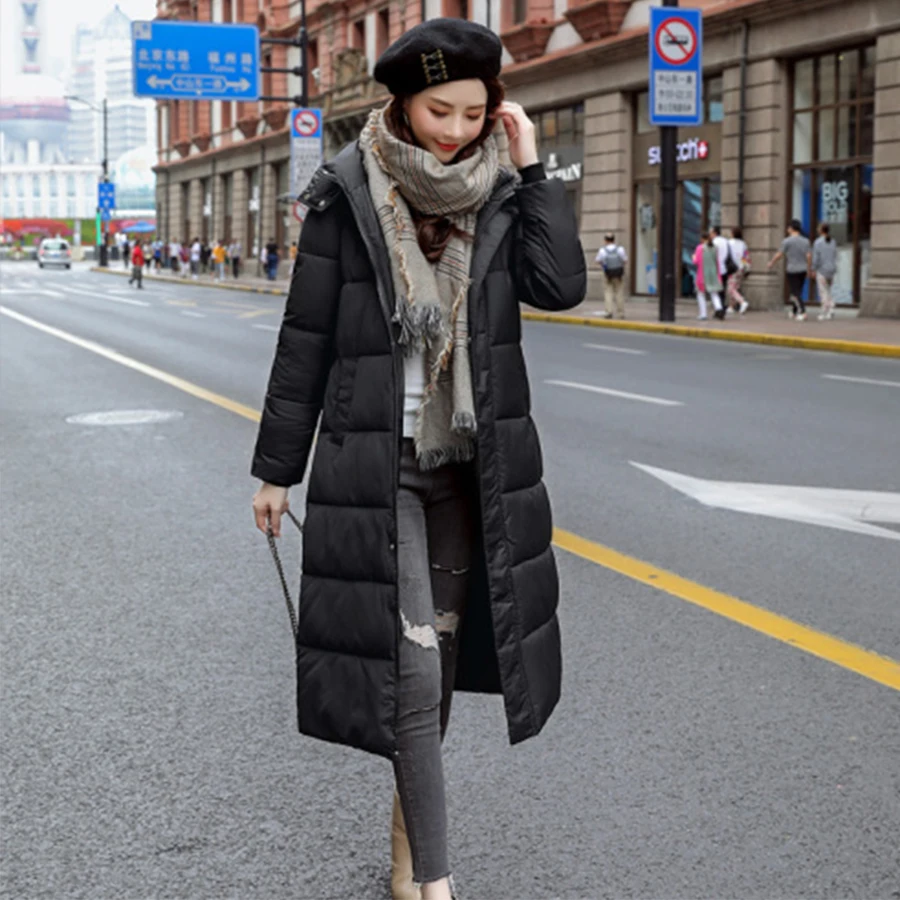 Однотонные зимние пуховые пальто с капюшоном женские большие размеры корейский стиль утепленная теплая хлопковая парка длинное пальто женский карман на молнии хлебная верхняя одежда