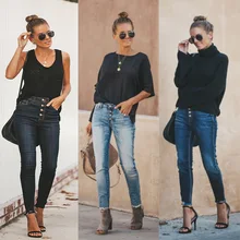 Популярные европейские и американские женские джинсы с пряжкой, тонкие женские джинсы, 3 цвета, 8 ярдов