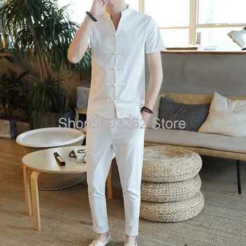 

Chinese style men's short sleeve imitation cotton and linen suit ankle-length pants cardigan buckle two-piece men's casual suit