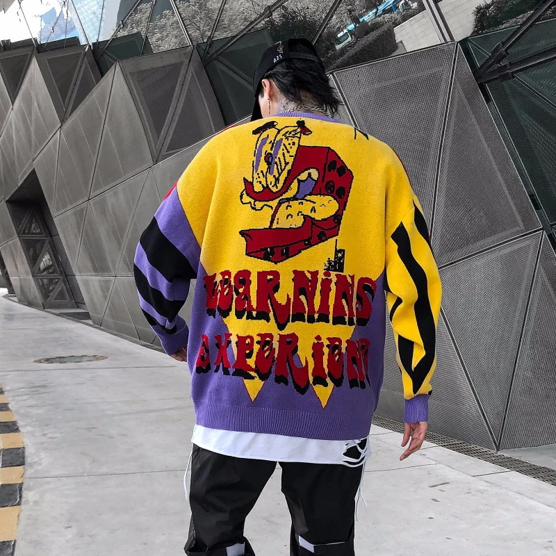Harajuku ретро трикотажные свитера для мужчин хип-хоп пуловер свитер уличная Мужская мода шаблон вышивка свободная уличная одежда Топ
