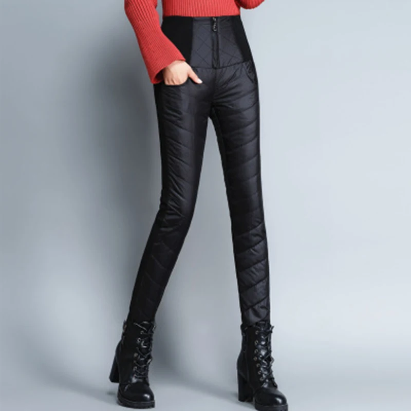Зимние женские пуховые штаны размера плюс, бархатные брюки, утепленные тонкие теплые женские брюки, леггинсы с высокой талией - Цвет: Черный