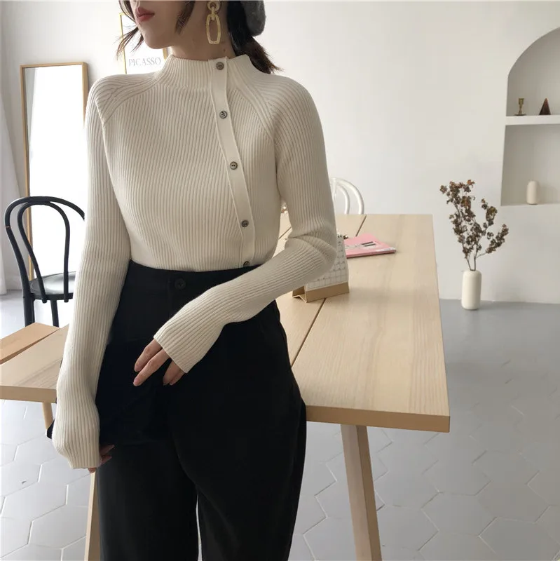 Apricot Korobov/корейские однотонные однобортные женские трикотажные изделия, винтажные синие Стрейчевые тонкие свитера с длинными рукавами Sueter Mujer 78978 - Цвет: Apricot