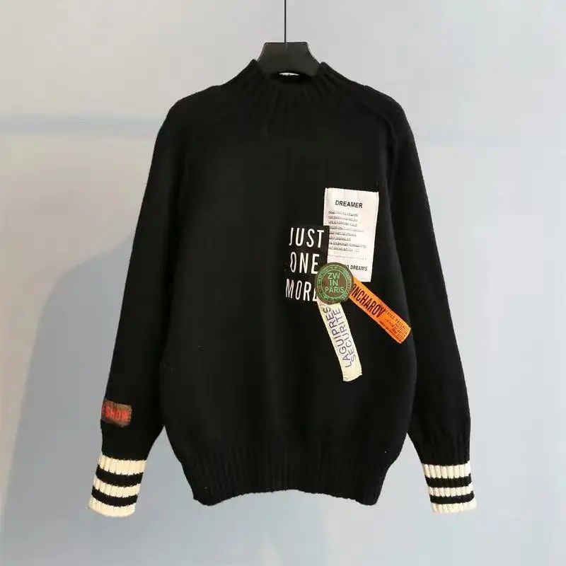 HF19433 Black H. SA, Женский пуловер и свитер, длинный рукав, трикотаж, пэчворк, вязанный джемпер, мультяшный, кавайный, водолазка, пуловеры, свободные топы - Цвет: HF19433 Black