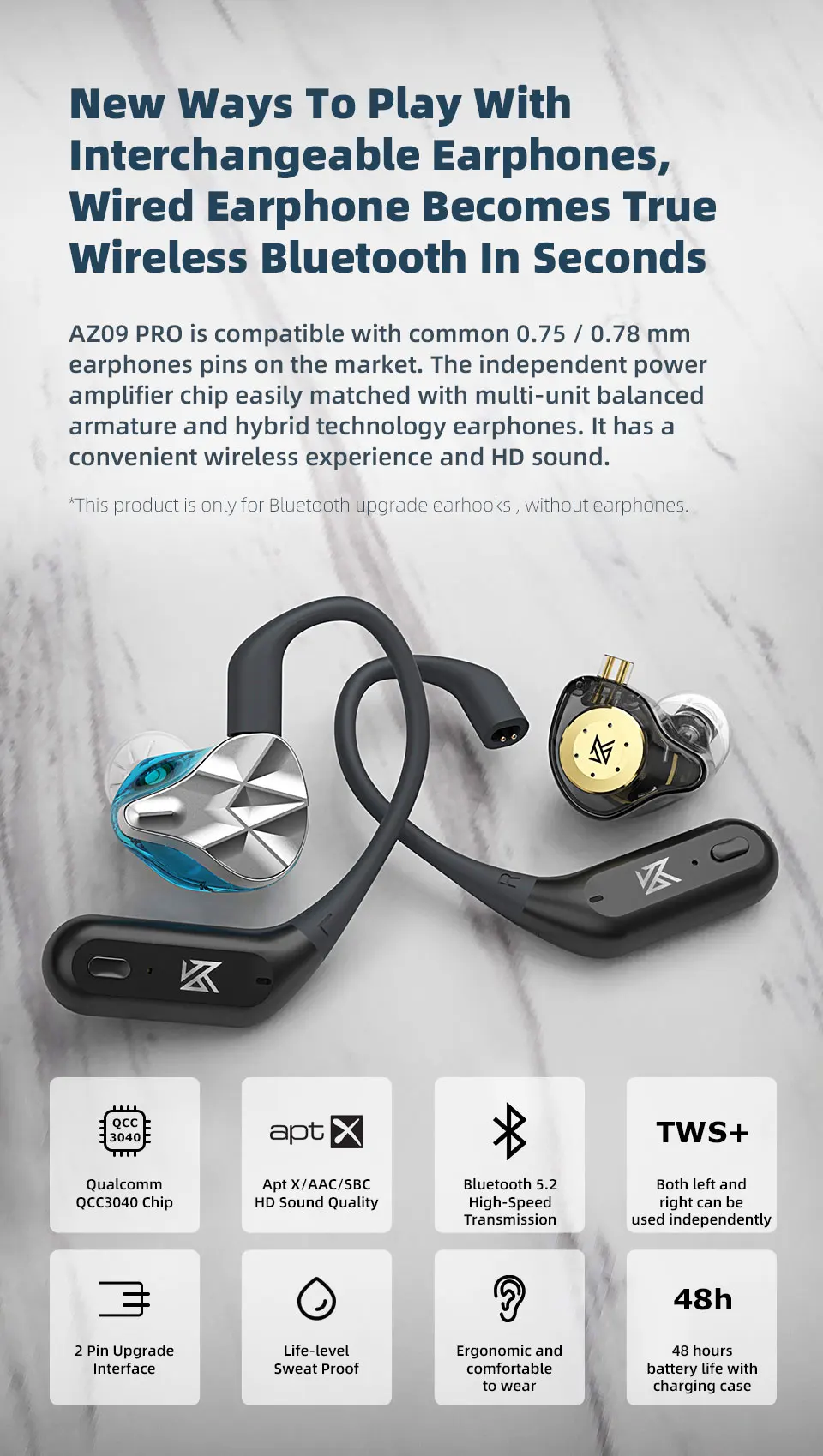 KZ AZ09 Pro Upgrade Wireless Headphones Bluetooth-compatible 5.2 Cable Wireless  Ear Hook B/C PIN Connector With Charging Case