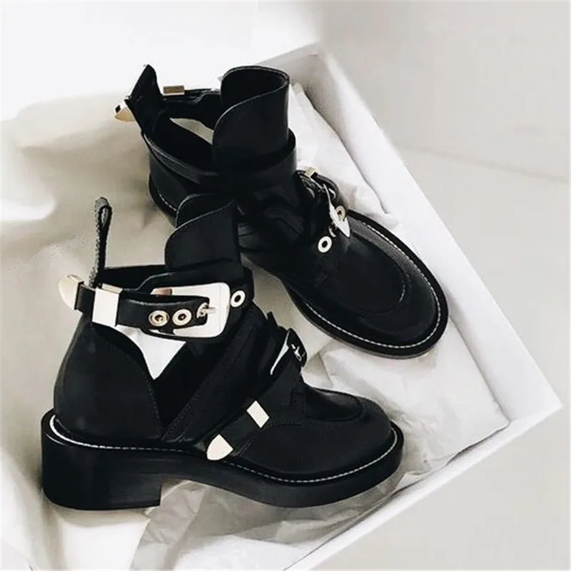 

Punk Booties Buckle Straps Thick Heel Black Ankle Boots Cut Out Woman Boots Motorcycle Brand Designers Round Toe Summer Shoes