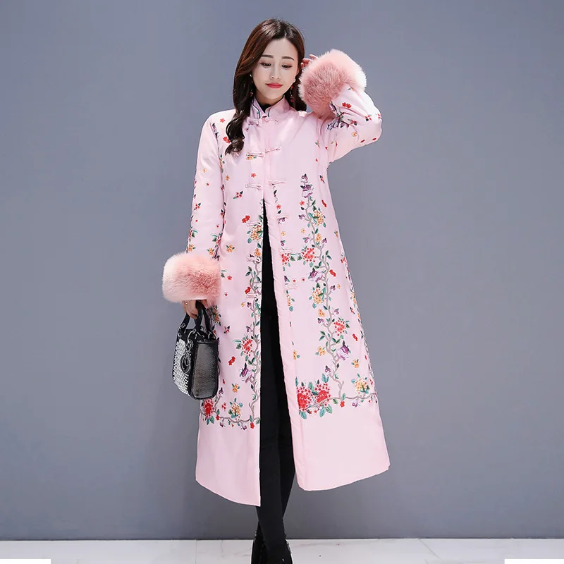

Vintage Printed over-the-Knee Long down Jacket Cotton-padded Clothes National Style Improved Cotton Overcoat Skirt 2018 Winter N