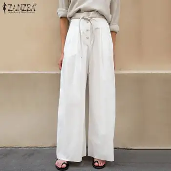 

2020 Fashion Wide Leg Trousers ZANZEA Women's Pants Solid Long Pantalon High Waist Pockets Palazzo Loose Streetwear Bottoms 5XL