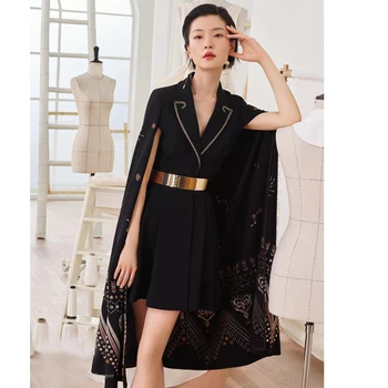 

Runway Designer High Quality Autumn Fashion New Women'S Party Casual Metal Belt Vintage Elegant Mini Embroidered Cloak Dress
