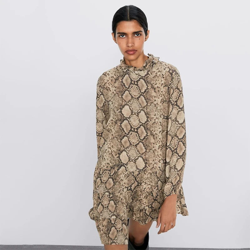 

New ZA Animal Print Dress Women Stand Collar Long Sleeve Elastic Cuffs Laminated Neckline Trim Split Back Button Closure Dress