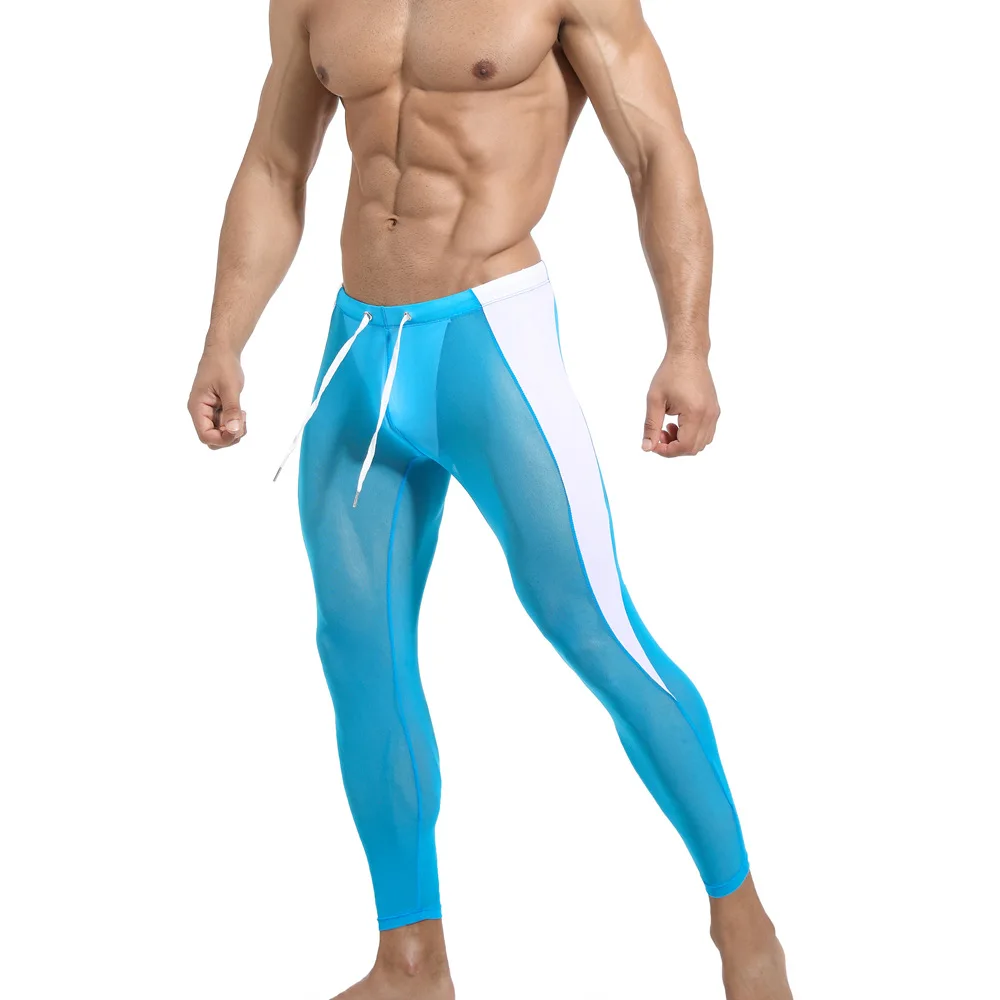 Мужские длинные штаны, тонкое нейлоновое прозрачное сексуальное нижнее белье для геев, мужские обтягивающие леггинсы, кальсоны, обтягивающие штаны для фитнеса, верховой езды, сна