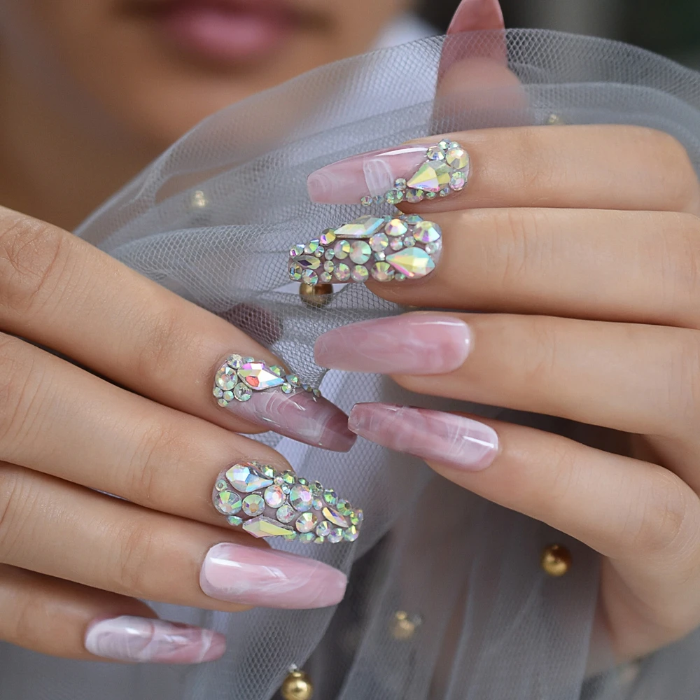 Мрамор искусственный Ongles розовый серый камни предварительно спроектированные Роскошные удлиненные форма гроба женские вечерние свадебные украшения, аксессуары