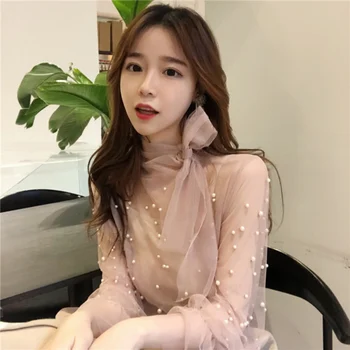 

Long Flare Sleeve Bow Tie Mesh Blouses Camis+Transparent Sexy Mesh Shirts Women Rivet Pearl Tops Women Summer
