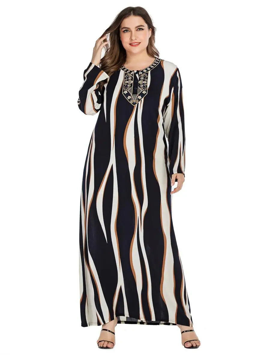 

L-3XL printed long maxi dress big size elegant casual striped women dress long sleeve fall winter plus size cotton linen dress