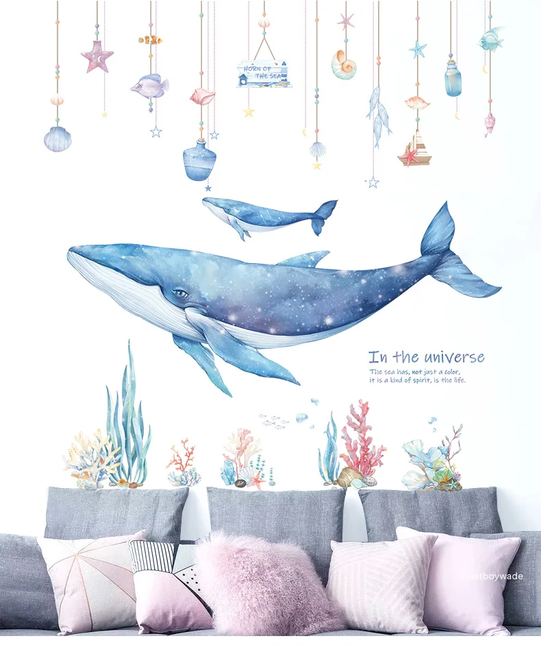 Cartoon Coral Whale Wall Sticker for Kids rooms Nursery Wall Decor Vinyl Tile stickers Waterproof Home Decor Wall Decals Murals