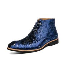 

YRZL Winter Men's Boots Fashion Casual Black Blue Pointed Toe High Quality Men Leather Shoes Lace-up Business Ankle Boots for Me