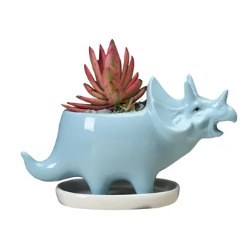 

Ceramic Triceratops Flower Pot With Tray Creative Dinosaur Flower Planters Succulent Garden Desktop Decoration-Blue