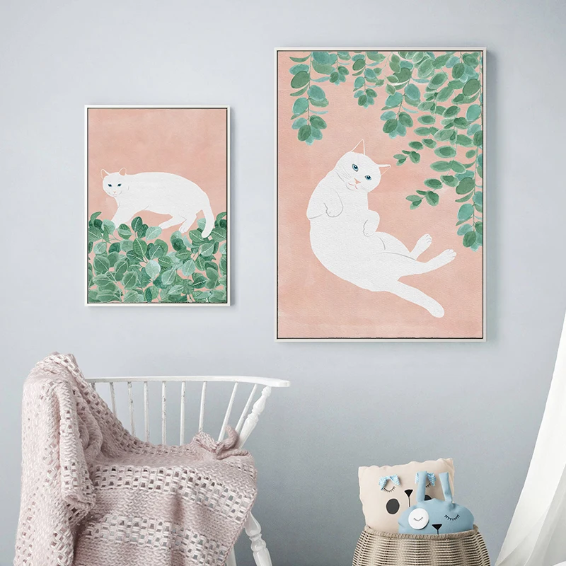 

Cartoon Animal Poster Nordic White Cat Wall Art Canvas Painting Nursery Printing For Kid‘s Room Wall Picture Home Decor