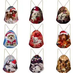 Сумки на шнурке с логотипом на заказ, Сумка с 3D принтом кошки и собаки, сумка на шнурке в рождественском стиле, пляжная сумка на плечо