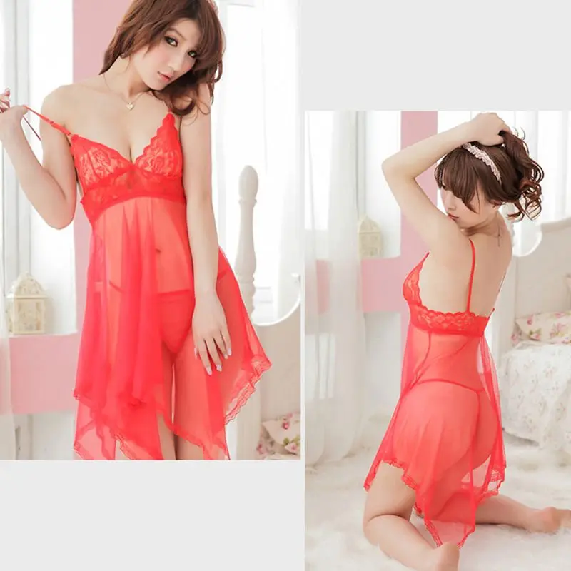 

Women's Sexy Deep V Neck Open Lace Nightdress Exotic Mesh Perspective Sling Dress