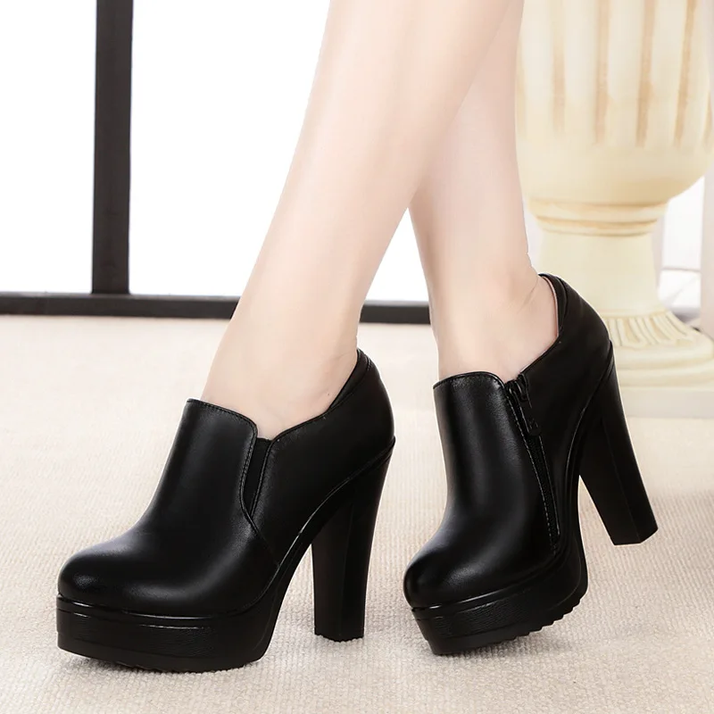

Spring High Heel Shoes Chunky-Heel Black And White with Pattern Waterproof Platform Deep Mouth round-Toe Shoes High Heels plus V