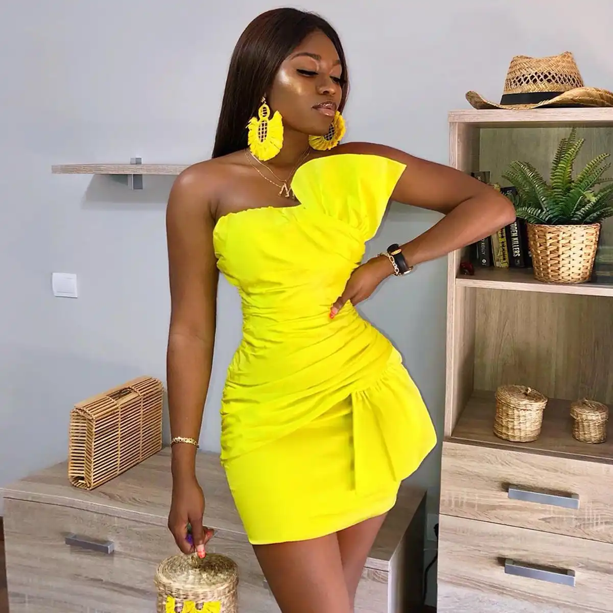 yellow strapless bodycon dress