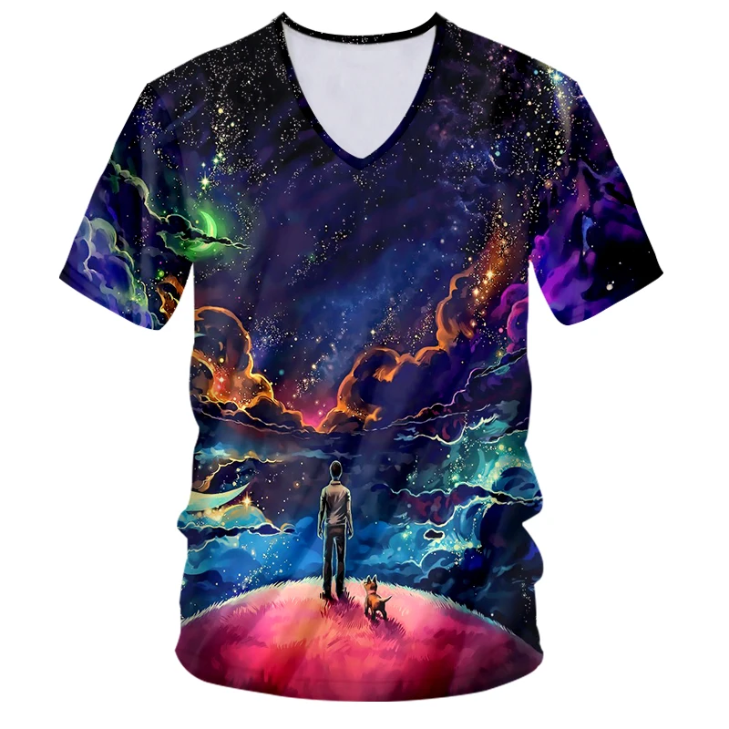 Starry Sky CJLM модная мужская футболка с v-образной горловиной 3D Звездное небо забавная футболка уличная одежда мужская футболка с принтом всего тела большой размер спортивный костюм - Цвет: Starry Sky