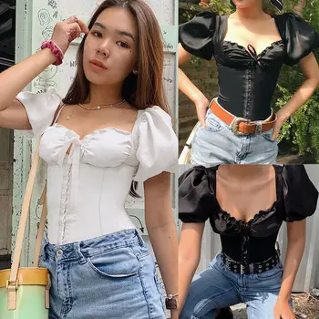 

Short Sleeve Sexy Womens Lace Up T Shirt Ladies Summer Holiday Sexy Frill Crop Tops Bandage Chest Wrap Blouse Tee