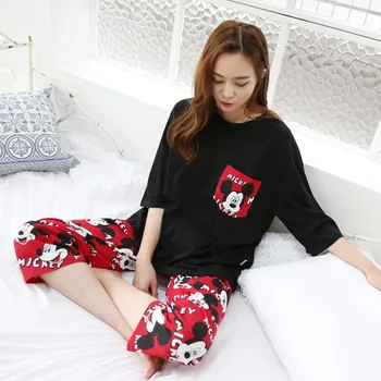 

2020 Summer Short-sleeved Cute Cartoon Mickey Women Pajamas Loose-Fit Sweet Princess Short Sleeve Tracksuit Leisure Suit