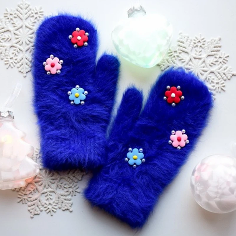 Зимние перчатки с милым цветком и жемчугом, перчатки с кроличьим мехом, женские двойные теплые перчатки guantes