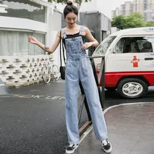 Высокая талия нагрудник брюки отверстие карман Кнопка Комбинезоны Джинсы Брюки женские свободные плюс размер Студенческие Брюки уличная Корейская джинсовая женская