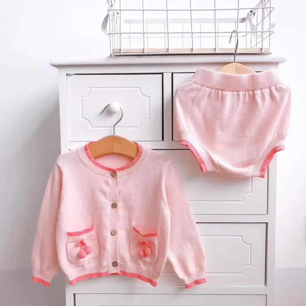 

baby clothes set cherry solid pink color sweet toddler infant knitting clothes set