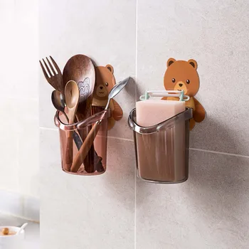 

Cartoon Bear Bathroom Shaver Toothbrush Toothpaste Storage Box Wall Mounted Kitchen Sponge Holder Fork Spoon Container