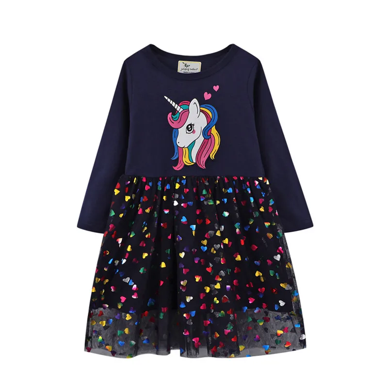 Jumping Meters Long Sleeve Unicorn Girls Dresses Hot Selling Princess Party Tutu Hearts Birthday Costume Kid Autumn Winter Dress | Детская