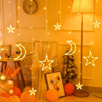 

220V EU Plug Christmas Fairy Curtain String Ligjts 3.5M LED Moon Star Lamp NEW YEAR Wedding Garlands Festival Party Decoration